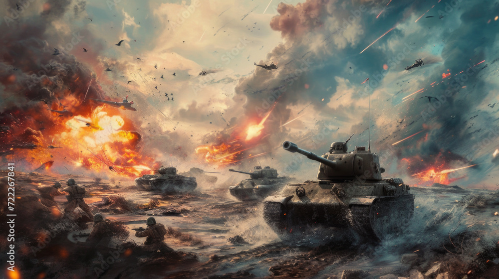 rmy Tank in War with Soldiers Surrounded by Fire and Smoke, Generative AI