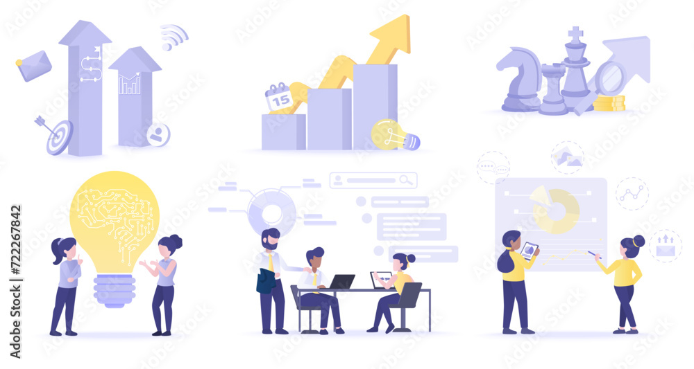 Business ideas collection set. Meeting of business people, discussion, brainstorming, data analysis, creativity, thinking, strategy planning for business growth and success. Flat vector illustration.