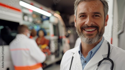 Dictor from hospital standing at rear of an ambulance, by the open doors. photo