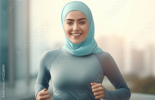 attractive woman in tracksuit running wearing turban or hijab head scarf for diversity and middle east healthy lifestyle concepts as wide banner with copy space area photo