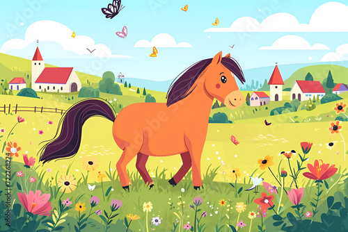 flat illustration cartoon character cute horse walking through the meadow in full length, natural daylight, sunny meadow, wildflowers, butterflies, village in the background