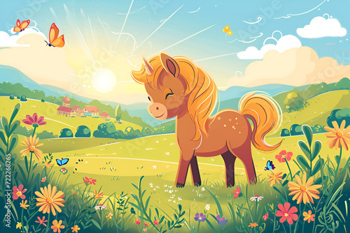 flat illustration cartoon character of a cute pony walking through a meadow in full length, natural daylight, sunny meadow, wildflowers, butterflies, village in the background photo