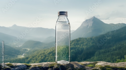 generic mineral glass water bottle in the middle of nature on a rock mockup with mountains background as wide banner with copy space area