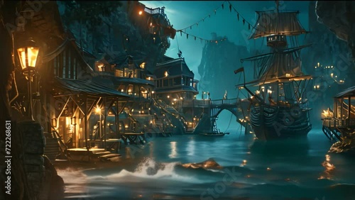 pirate ship port. 4k video animation photo