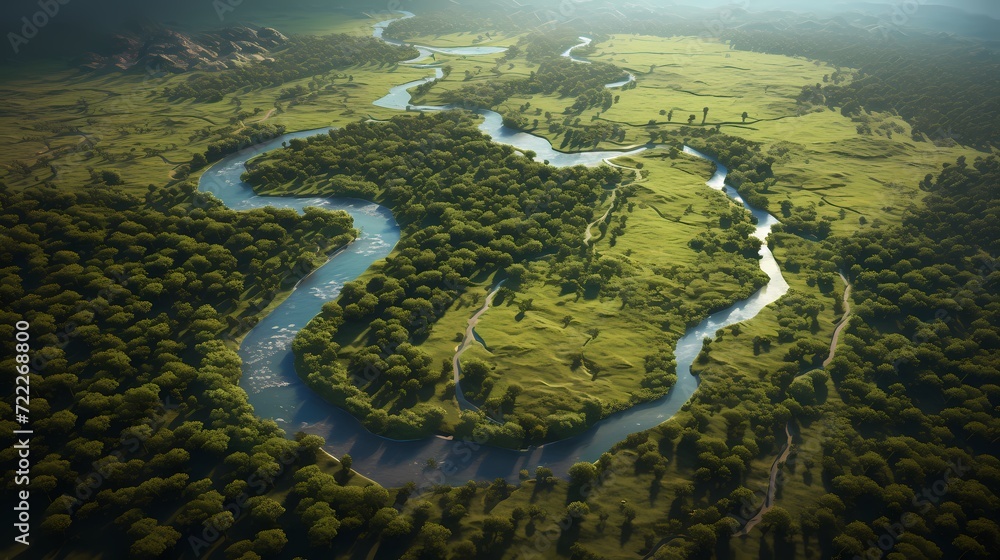Aerial view of a winding river surrounded by lush greenery and meadows