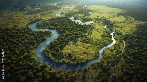 Aerial view of a winding river surrounded by lush greenery and meadows