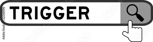 Search banner in word trigger with hand over magnifier icon on white background