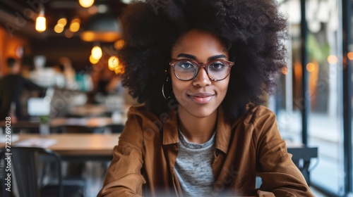 Young African American hipster woman with Afro hair looking at webcam talking to camera with friend online sitting at cafe table making video call photo