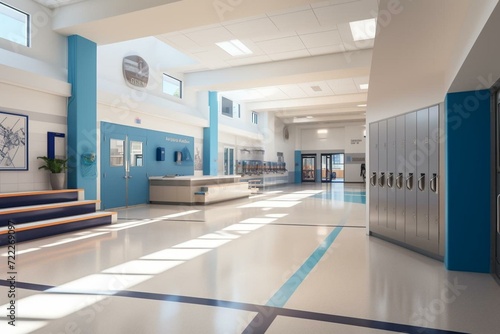 Perspective view of a high school lobby with blue lockers, leading to a fitness gym and a sports club hallway. Generative AI photo