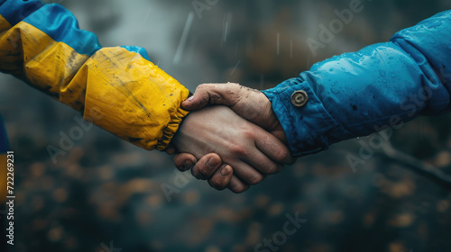Obraz na płótnie United in Strength: Hands Holding in Ukraine's Colors, Generative AI w salonie