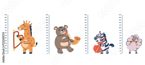 Kids growth rulers with jungle animals set. Vector flat graphic design illustration	