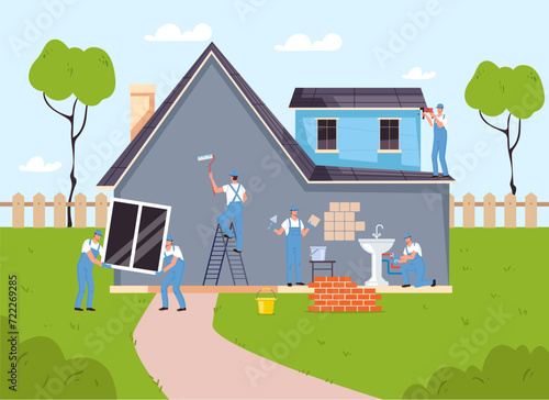 House building repair painting wall home renovate concept. Vector graphic design illustration element