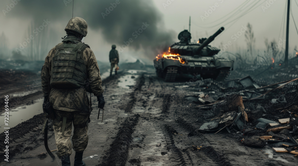Soldiers in War with Army Tank, Generative AI