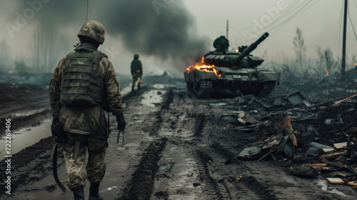 Obraz na płótnie Soldiers in War with Army Tank, Generative AI w salonie