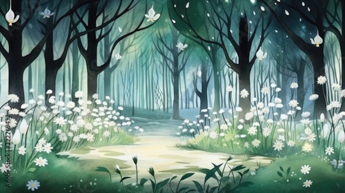 Enchanted Clearing in a Moonlit Forest. Moonlight illuminates an enchanted forest clearing with a path through wildflowers.
