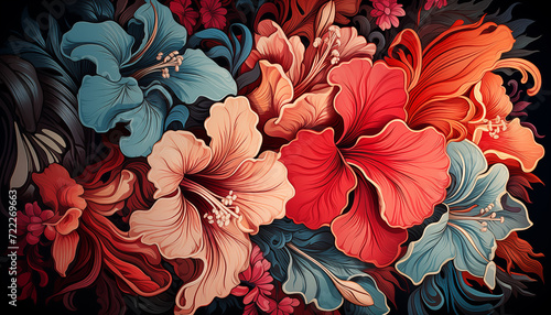 Seamless pattern with tropical leaves and hibiscus flowers