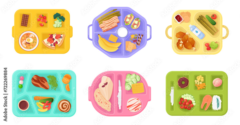 School lunch boxes with food, plastic trays with delicious meal set. Top view of open plates with breakfast or dinner dishes and desserts, healthy nutrition collection cartoon vector illustration