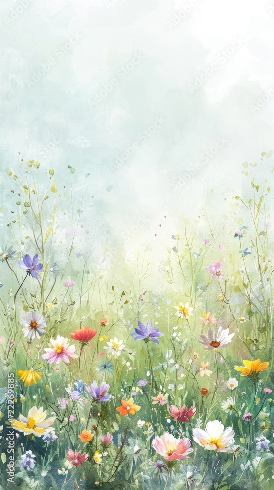 Fototapeta premium Watercolor Meadow at Dawn. A serene watercolor meadow with wildflowers at dawn.