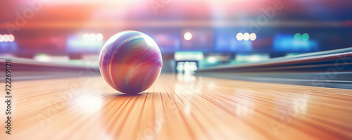 Striking Moment at the Bowling Alley: A Vivid Close-Up of a Bowling Ball on the Lane photo