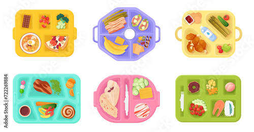 School lunch boxes with food, plastic trays with delicious meal set. Top view of open plates with breakfast or dinner dishes and desserts, healthy nutrition collection cartoon vector illustration