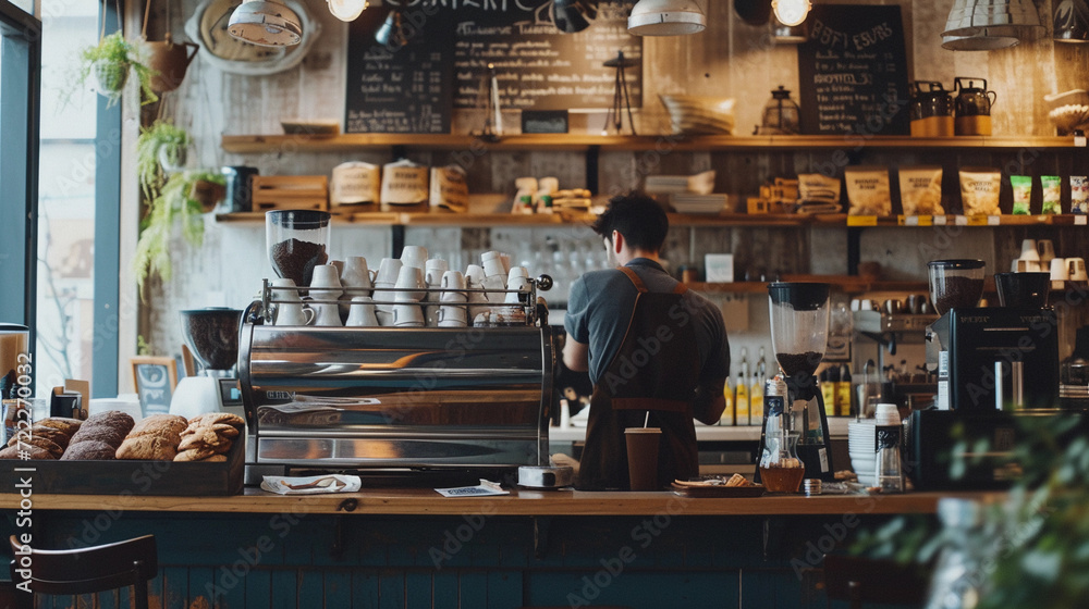 bustling coffee shop interior where a barista is crafting artisanal coffees, alongside a display of home-baked goods, symbolizing a passionate side hustle in the culinary arts