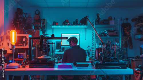 high-tech home workshop with 3D printers and various gadgets, showcasing an inventor's side hustle in creating innovative tech products, under the glow of LED lights