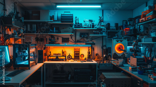 high-tech home workshop with 3D printers and various gadgets, showcasing an inventor's side hustle in creating innovative tech products, under the glow of LED lights © Marco Attano