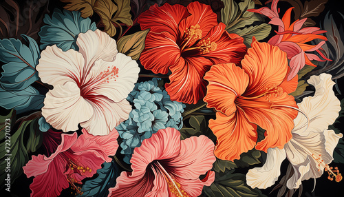 Seamless pattern with tropical leaves and hibiscus flowers
