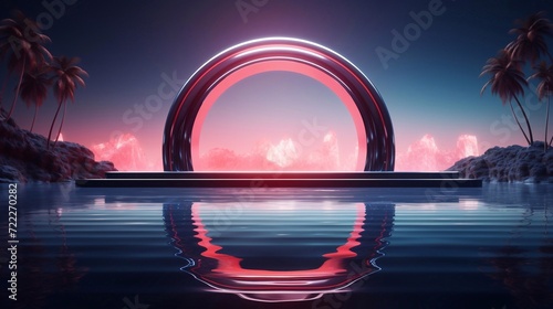 3d render neon glassmorphism and glow arch frame and Empty podium, reflection in the water, minimal dark background with rock and palm. Blank mockup for product presentation futuristic touch shine.