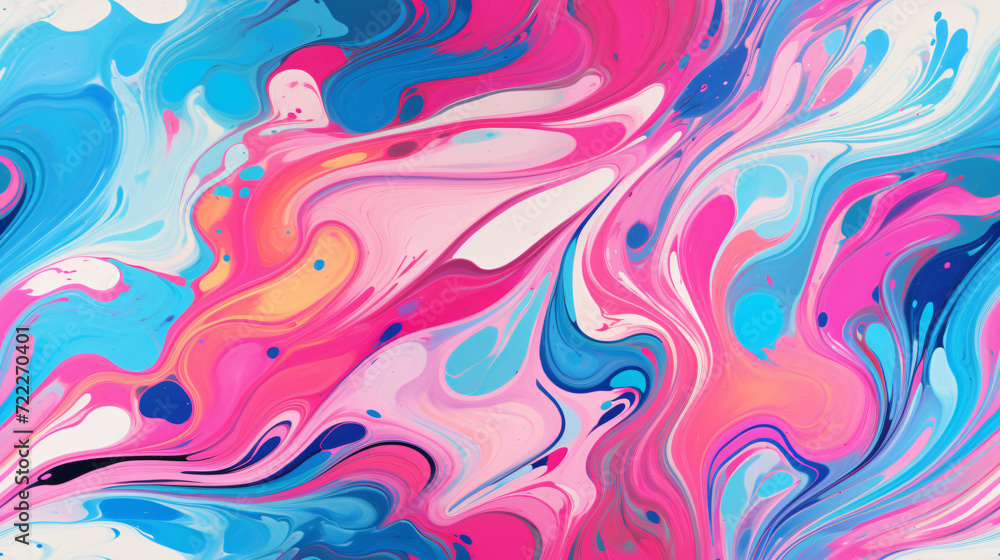 A vivid abstract composition featuring dynamic swirls of paint with a harmonious blend of pink and blue hues.
