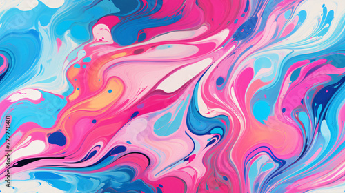 A vivid abstract composition featuring dynamic swirls of paint with a harmonious blend of pink and blue hues.