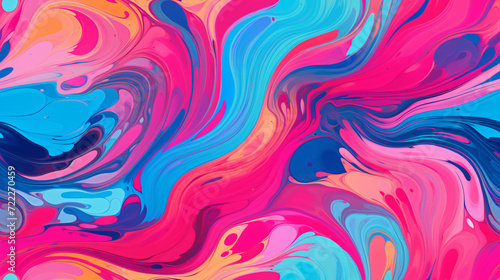 A dynamic abstract composition with swirls of pink and blue paint creating a fluid, marble-like effect.