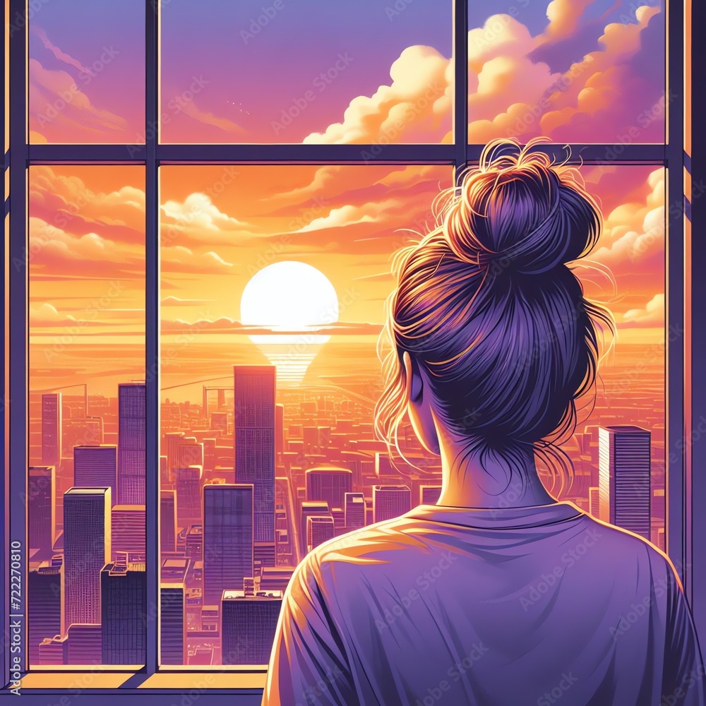 Woman Contemplating Cityscape at Sunset