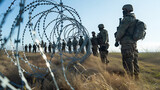 Military and border guards with weapons stand along the border with barbed wire, guarding the border from illegal immigrants. Texas and Mexico Emigration Crisis