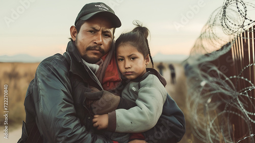 A Hispanic man holds a child in his arms, an illegal immigrant stands against the backdrop of barbed wire on the border between Mexico and America. emigration crisis in America and Texas