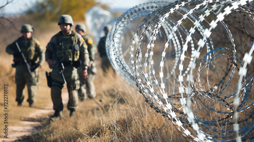 Military and border guards with weapons stand along the border with barbed wire, guarding the border from illegal immigrants. Texas and Mexico Emigration Crisis photo