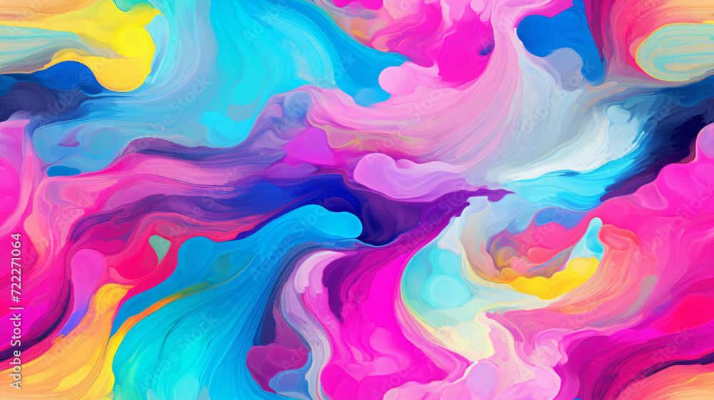 A dynamic and colorful abstract composition with swirling patterns of paint in pink, blue, and yellow hues, resembling a psychedelic visual.