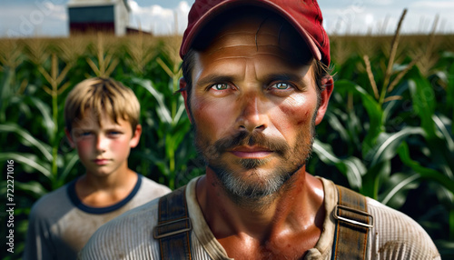 An American Corn farmer and his son.Corn is grown in most U.S. States, but production is concentrated in the Heartland region such as in Ohio, Iowa and Illinois