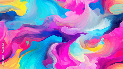A dynamic and colorful abstract composition with swirling patterns of paint in pink, blue, and yellow hues, resembling a psychedelic visual.