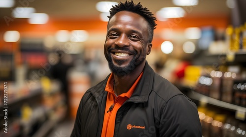 portrait of a black man smiling, supermarket background