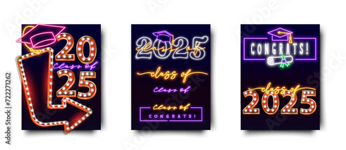Vector set of realistic isolated neon sign of Graduation 2021, 2022 and 2023 logo on the wall background.