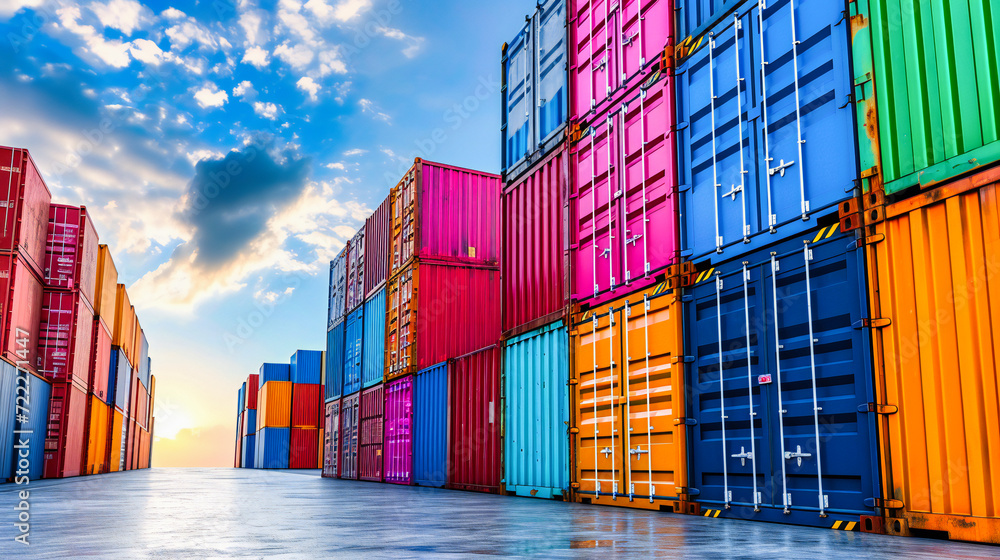 Fototapeta premium Industrial Harbor Scene with Stacked Cargo Containers: Busy Shipping and Freight Terminal with Cranes and Trucks