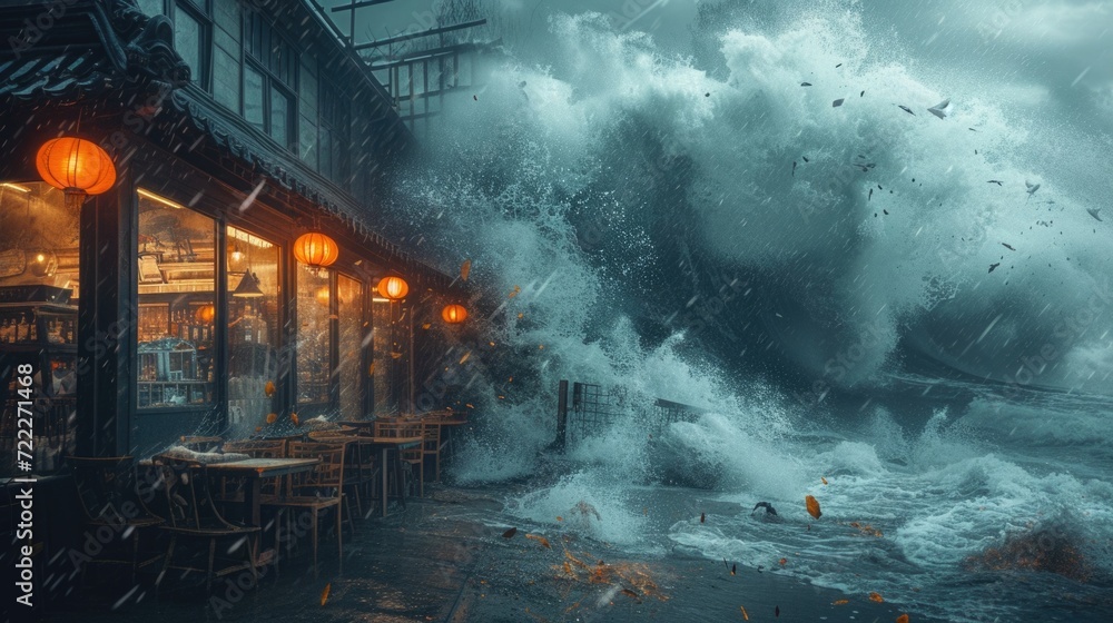 A monstrous ocean wave hit a coastal restaurant, broke through the panoramic glass, the interior was flooded, tables were overturned, a tsunami water destruction scene - obrazy, fototapety, plakaty 