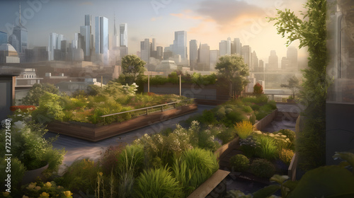 "Urban Oasis: Rooftop Garden Amidst the Cityscape" AI-Generative