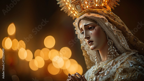 Figura de la Virgen Maria, con cara triste, saliendo en una procesión religiosa en España. photo