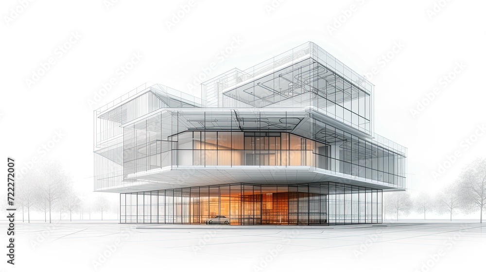 3D mesh of a modern building, blueprint graphic design.