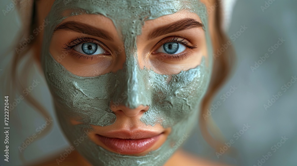 Portrait of a beautiful woman face, with a natural clay mask for beauty treatment.