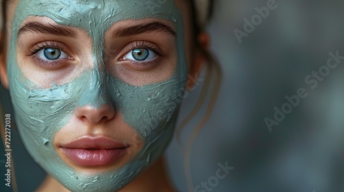 Portrait of a beautiful woman face  with a natural clay mask for beauty treatment.