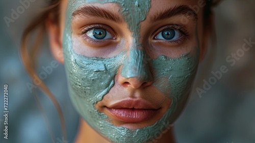 Portrait of a beautiful woman face  with a natural clay mask for beauty treatment.