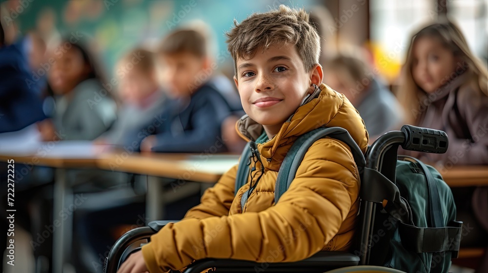 Smiling boy in wheelchair in school classroom.